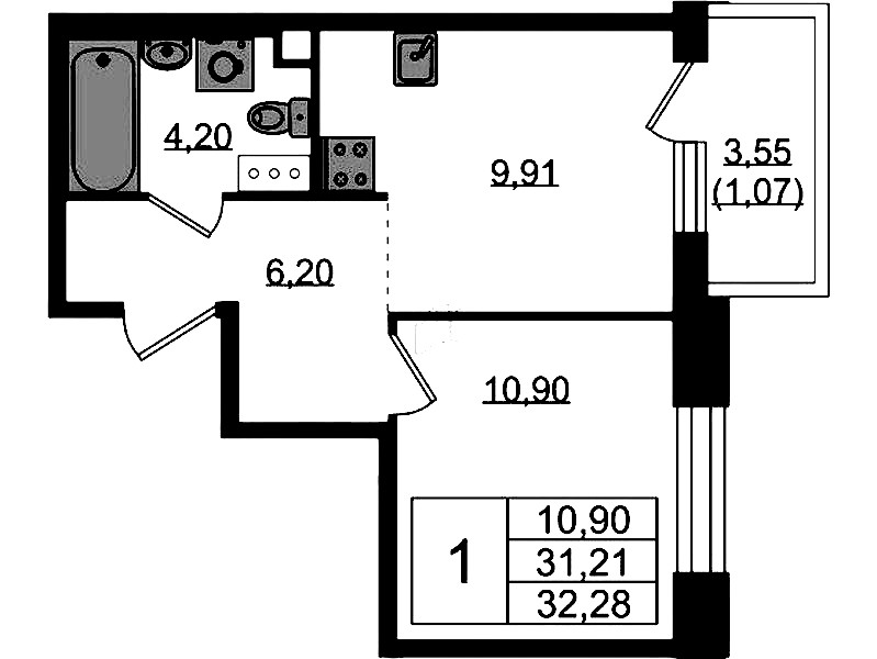 1-комнатная квартира 32.28 м², 4/5 эт., ЖК «Plus Пулковский»